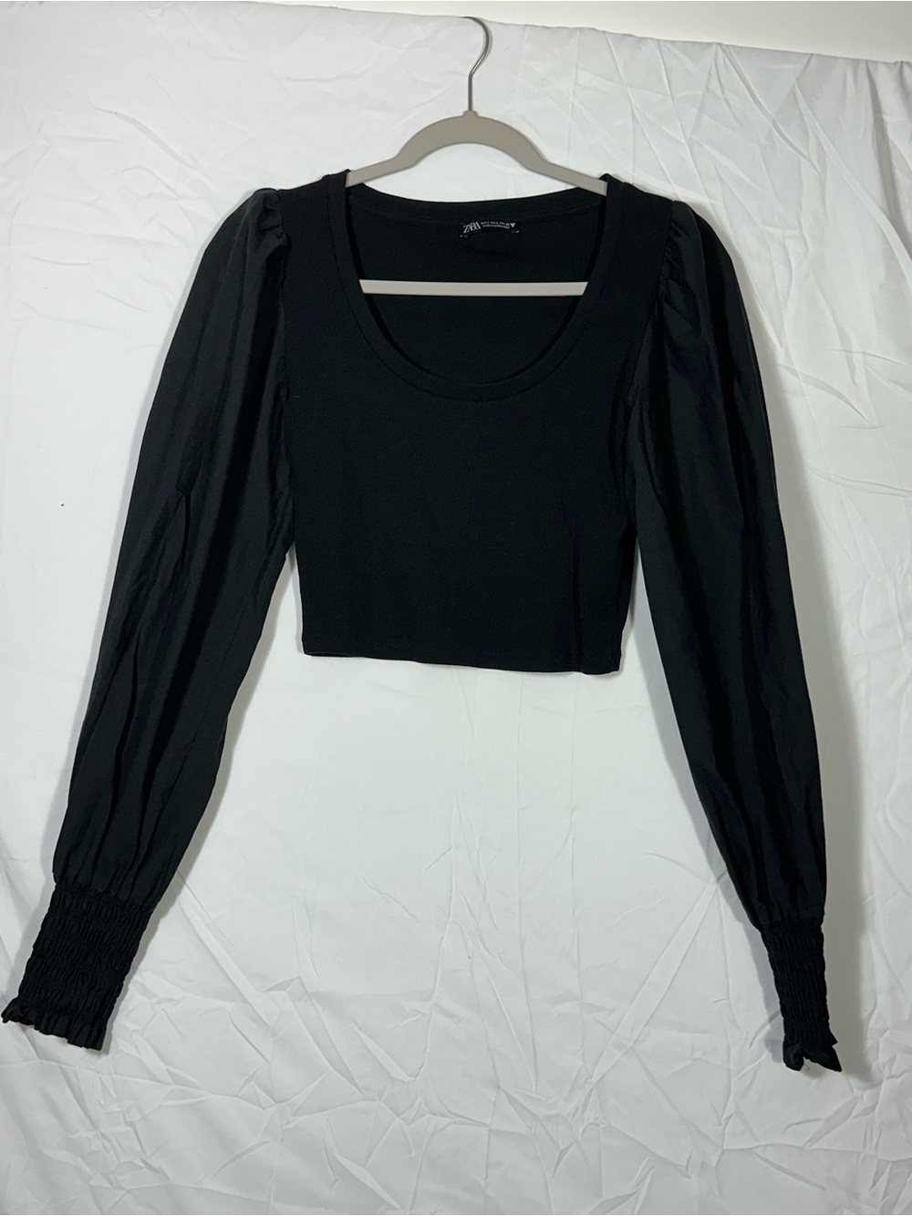 Zara Black Puff-Sleeve Cropped Top with Smocked Cuffs